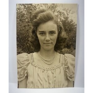 Vintage 1941 Portrait Photo Young Woman Smocked Dress Pearl Necklace 5x7